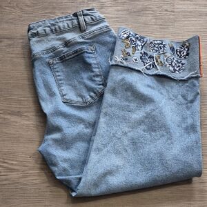 Flamingals Selvage Embroidered Wide Leg Cropped Light Blue Jeans. Sz XL